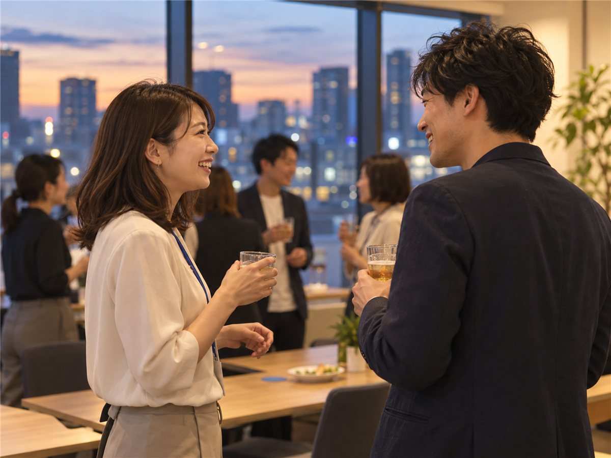 採用担当者どうしが立ち話をしている会場